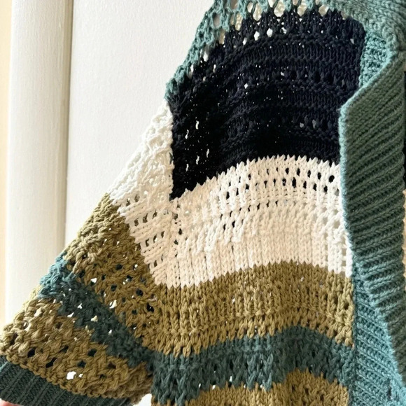 NWT Zara Oversized Knit Polo Sweater Short Sleeve Button Down Stripe Green S/M - Picture 3 of 7